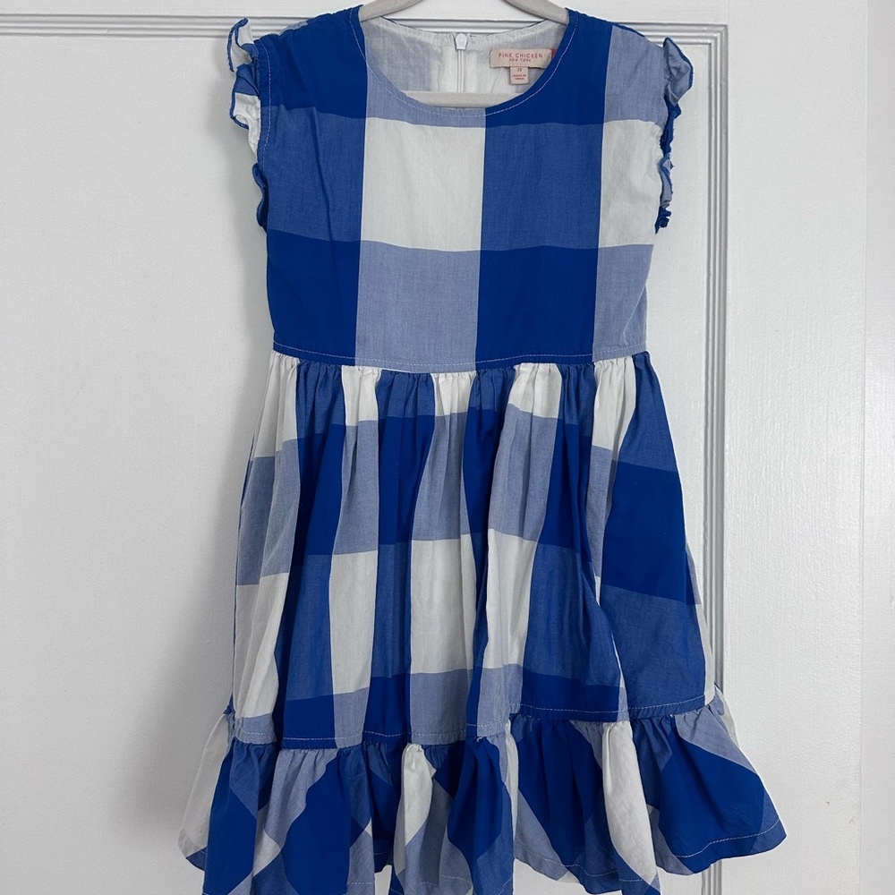 Pink Chicken Blue and White Plaid Kids Dress